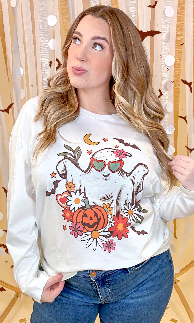 Floral Ghost Rhinestone Graphic Long Sleeve Shirt