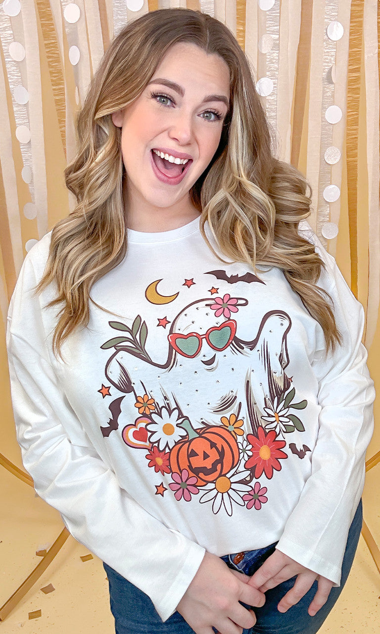 Floral Ghost Rhinestone Graphic Long Sleeve Shirt