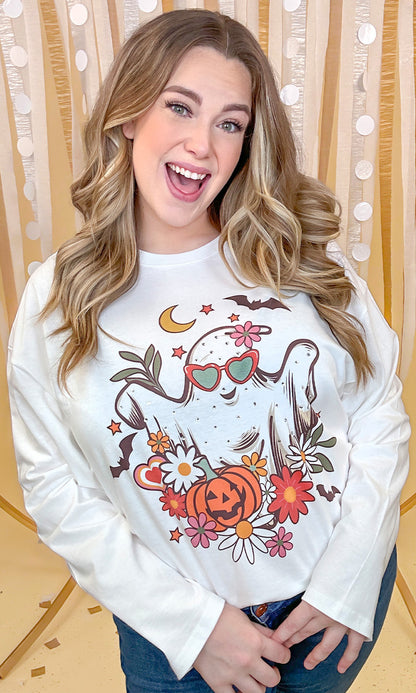 Floral Ghost Rhinestone Graphic Long Sleeve Shirt