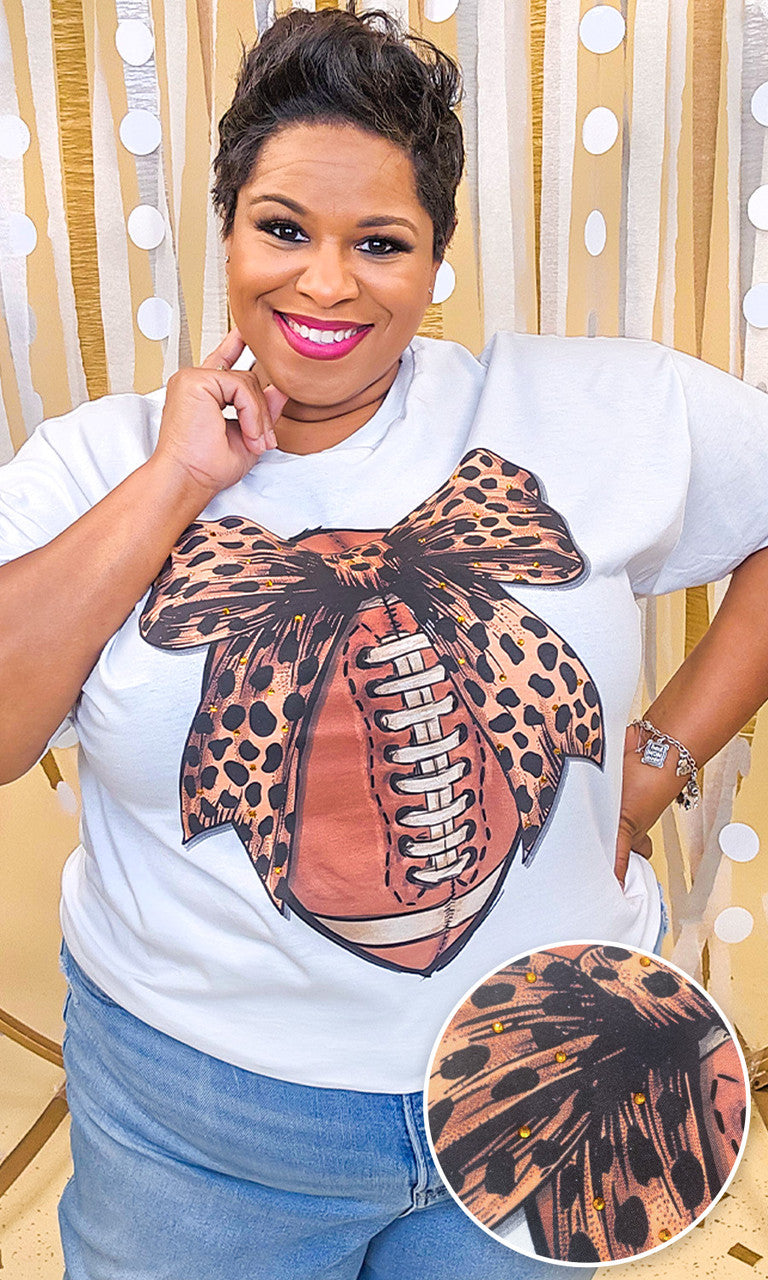 Football Cheetah Bow Rhinestone Graphic Shirt