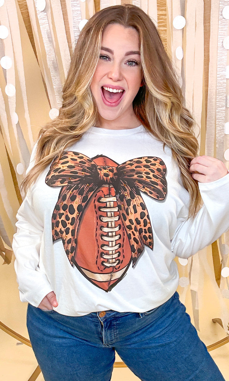 Football Cheetah Bow Rhinestone Graphic Long Sleeve Shirt