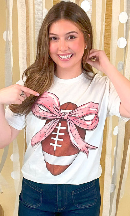 Football Pink Bow Rhinestone Graphic Shirt