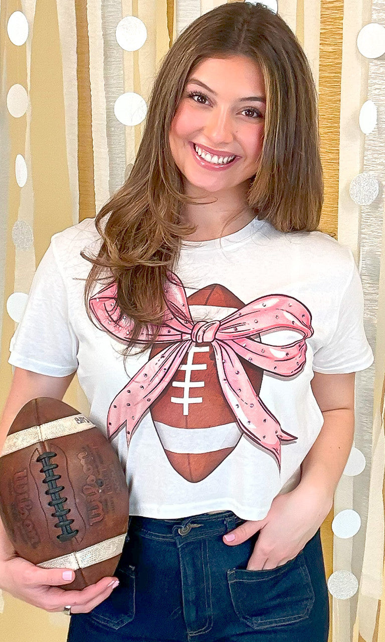 Football Pink Bow Rhinestone Graphic Crop Top Shirt