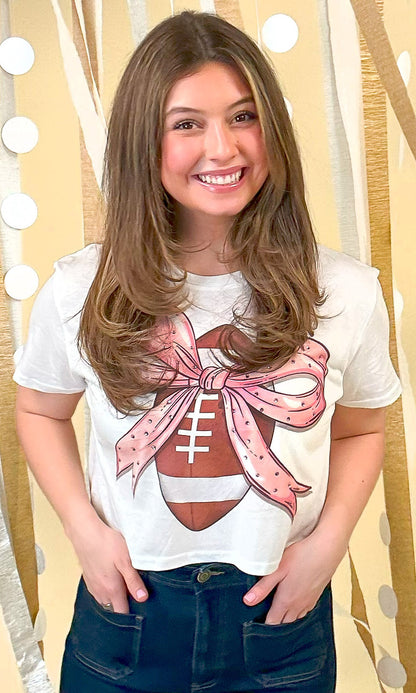 Football Pink Bow Rhinestone Graphic Crop Top Shirt