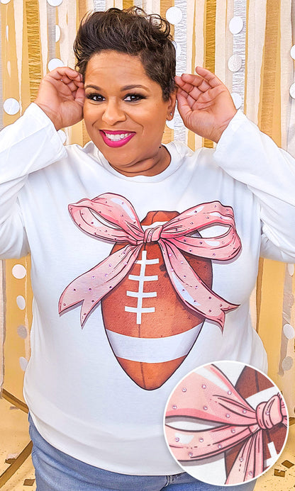 Football Pink Bow Rhinestone Graphic Long Sleeve Shirt