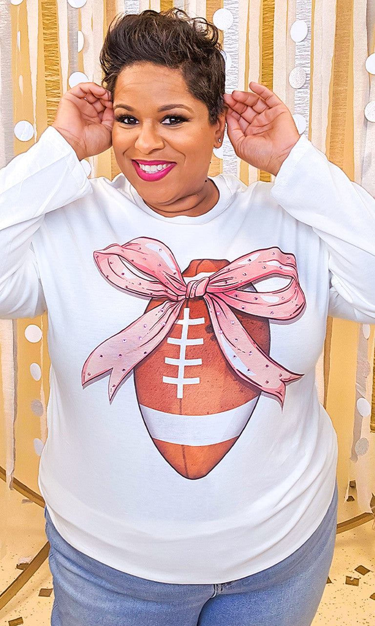 Football Pink Bow Rhinestone Graphic Long Sleeve Shirt