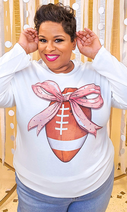Football Pink Bow Rhinestone Graphic Long Sleeve Shirt