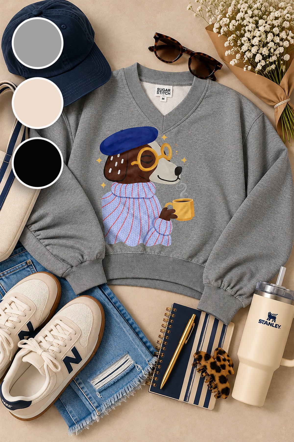 French Puppy Varsity V-Neck Graphic Shirt