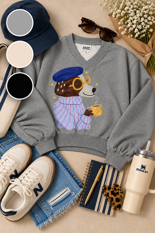 French Puppy Varsity V-Neck Graphic Shirt
