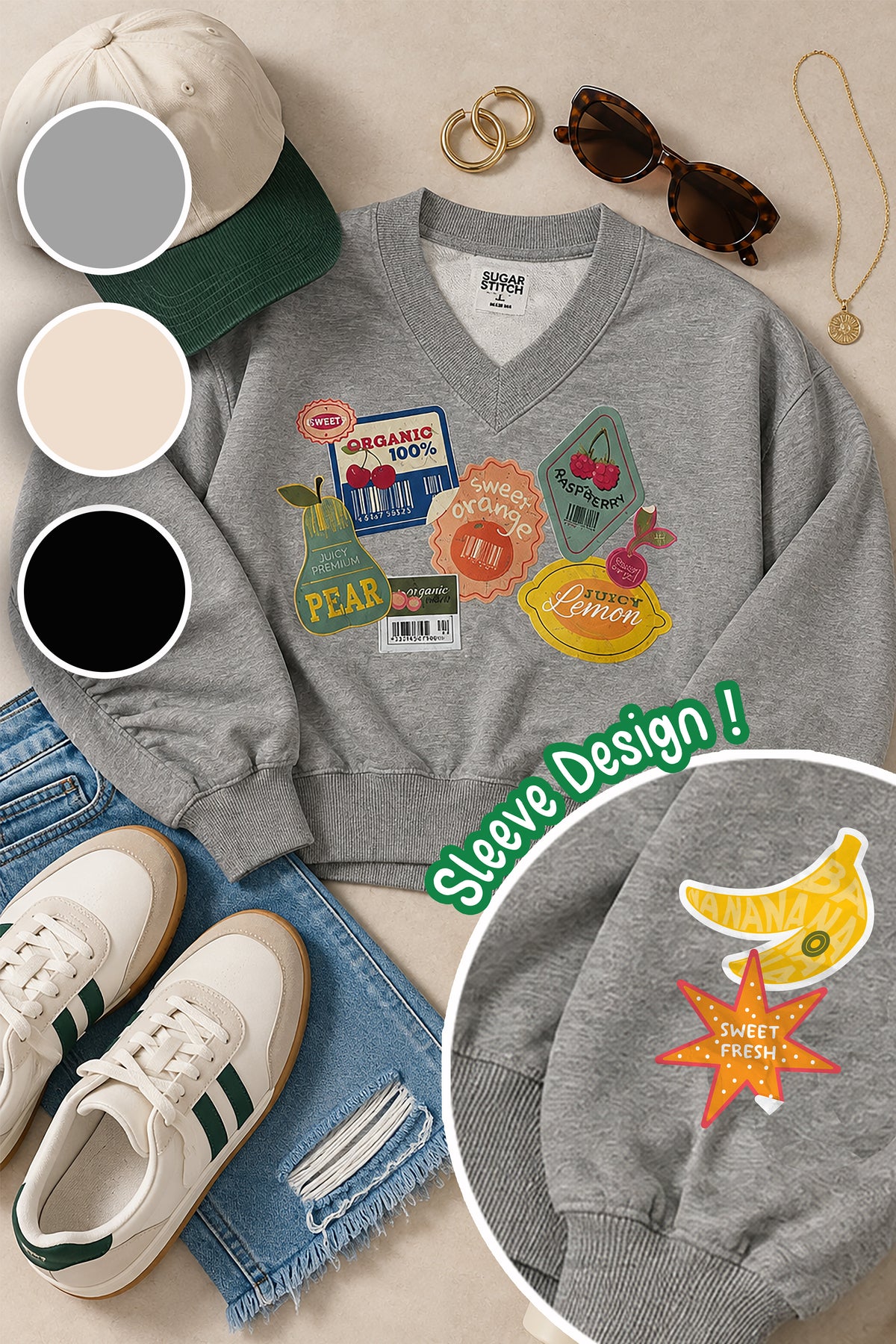 Fresh Fruit Label Varsity V-Neck Graphic Shirt