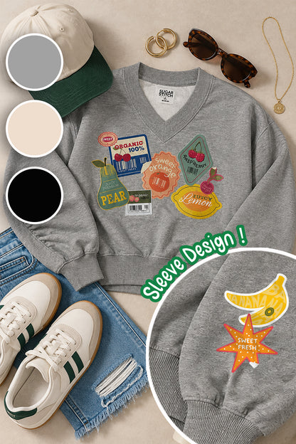 Fresh Fruit Label Varsity V-Neck Graphic Shirt