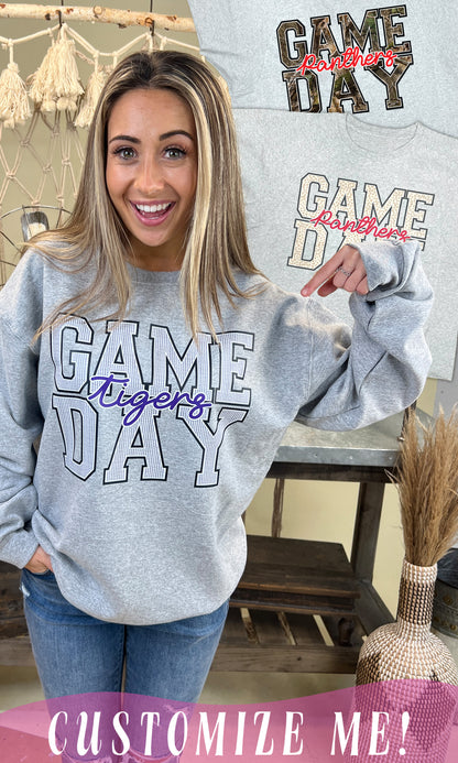 Stylish Game Day Custom Pattern Graphic Sweatshirt perfect for fans, featuring customizable team names in vibrant colors.