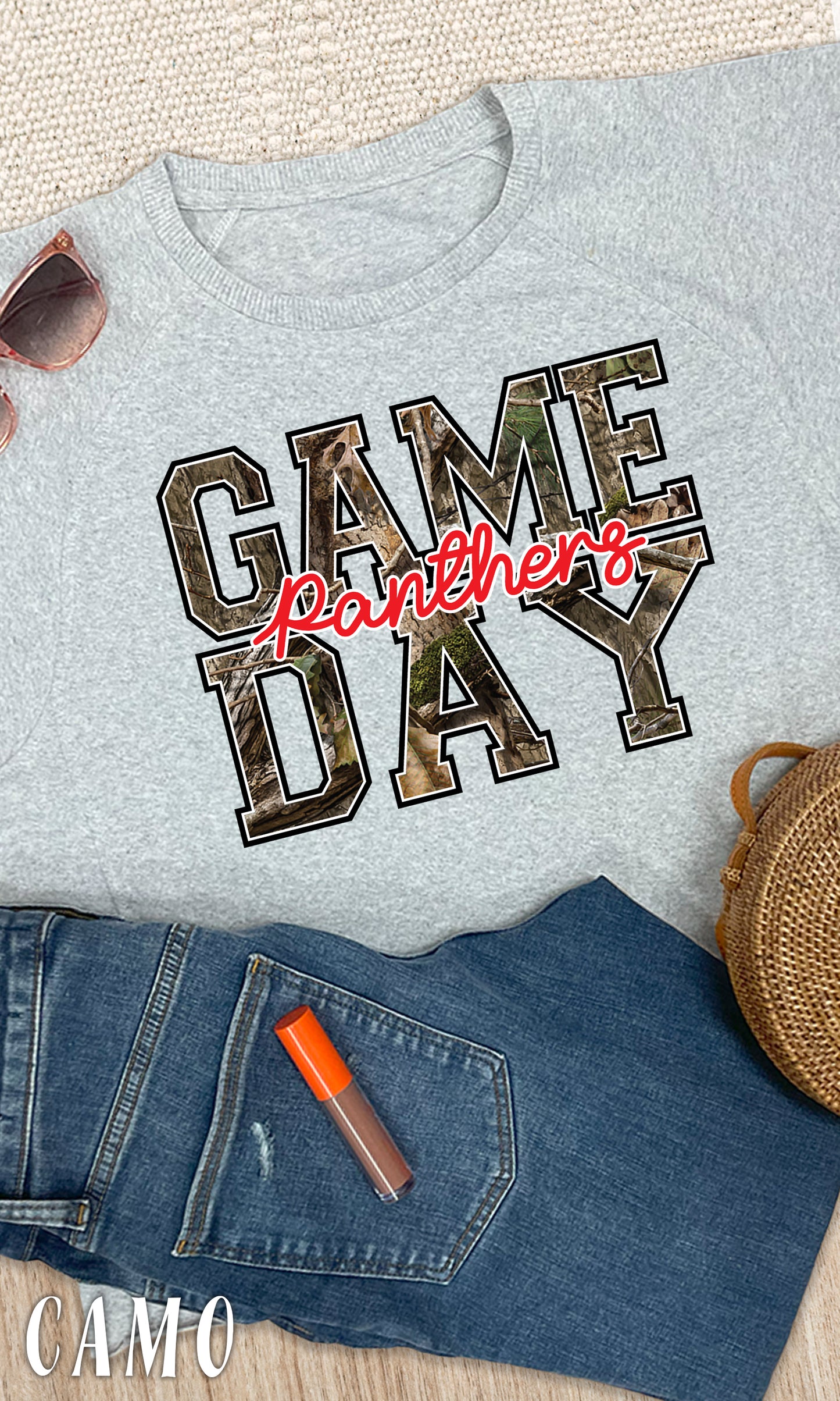 Stylish Game Day Custom Pattern Graphic Sweatshirt featuring camo design, perfect for game day fashion.