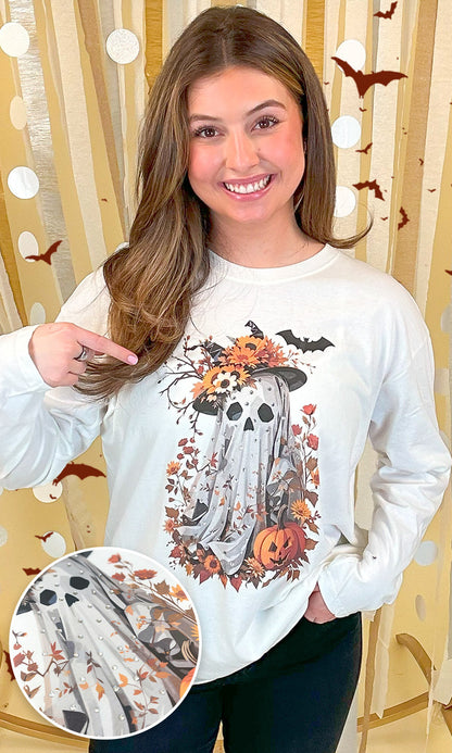 Gaudy Ghost Rhinestone Graphic Long Sleeve Shirt