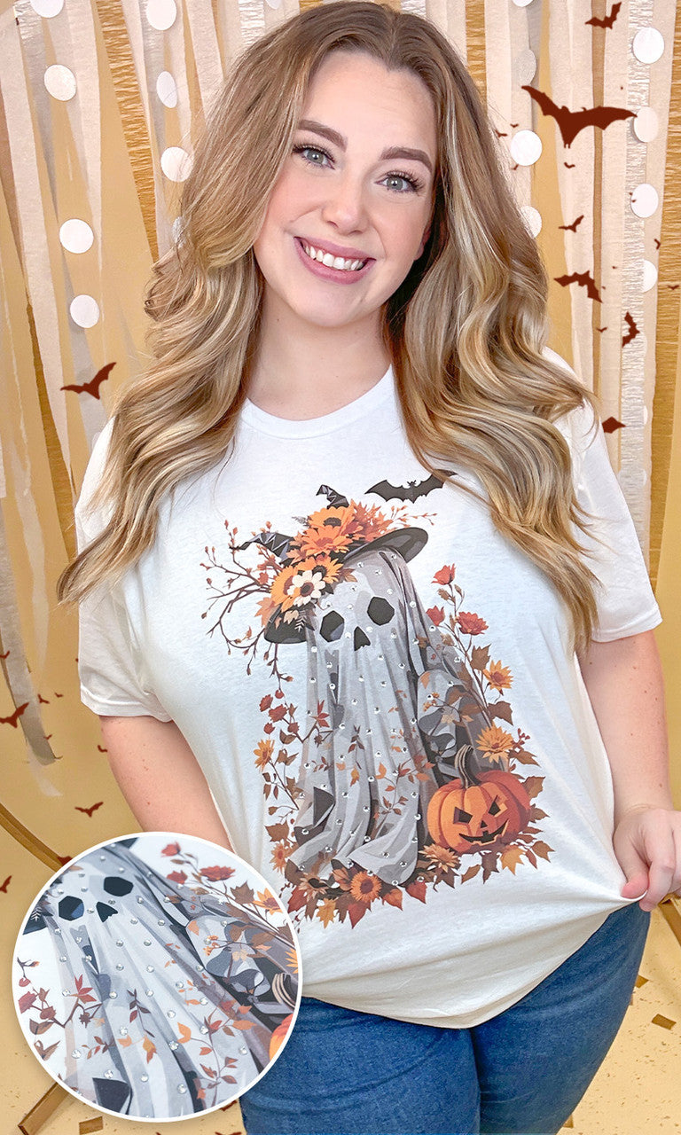 Gaudy Ghost Rhinestone Graphic Shirt