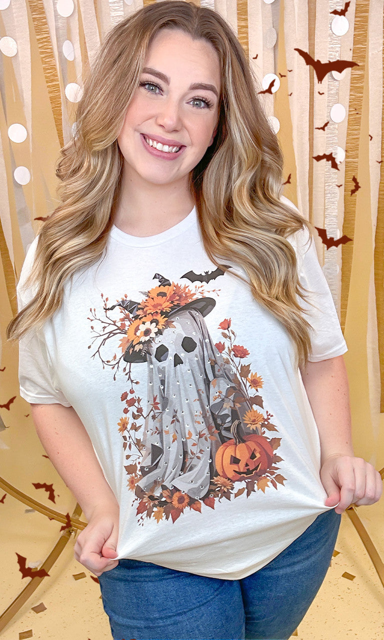 Gaudy Ghost Rhinestone Graphic Shirt
