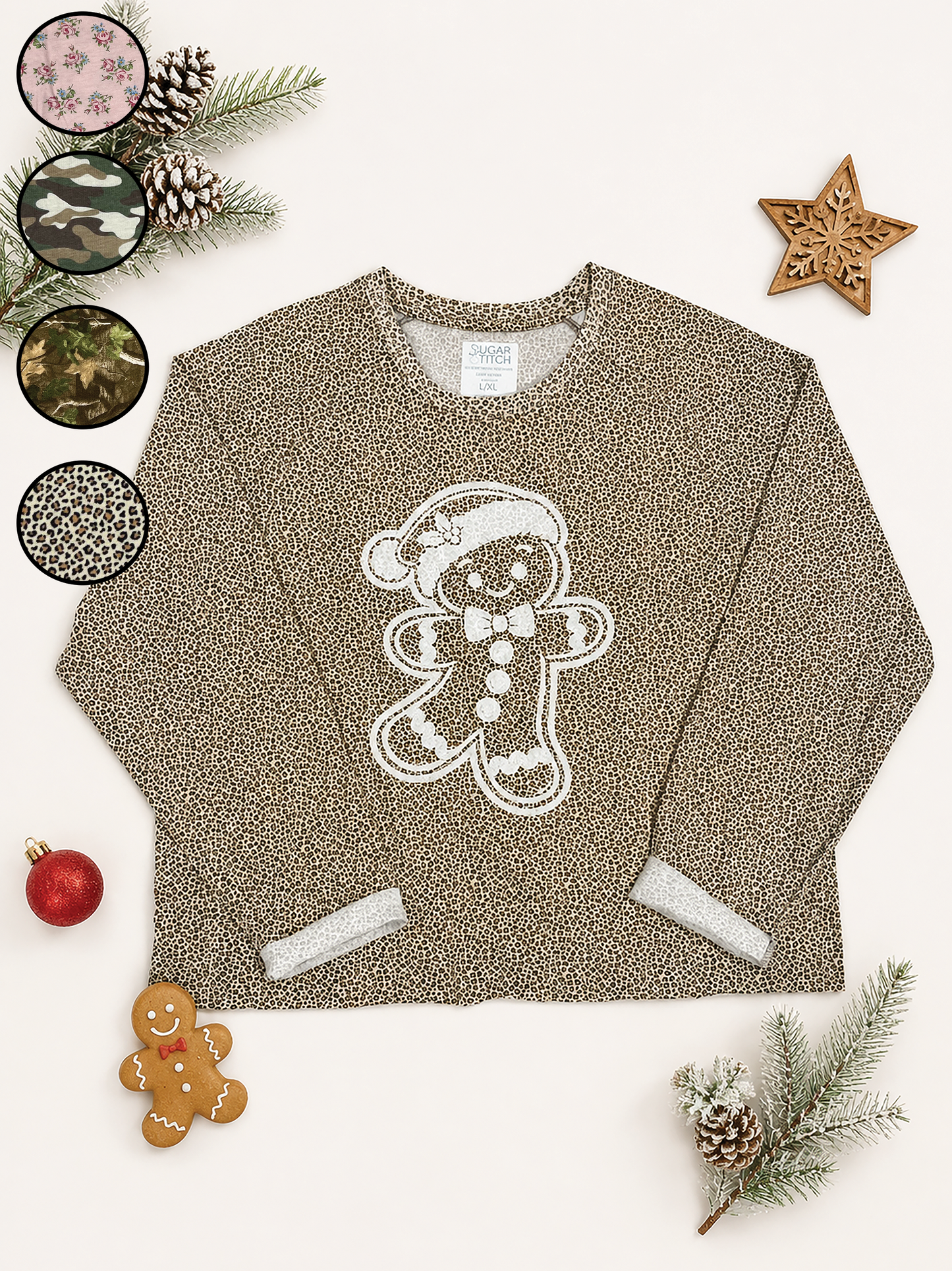 Gingerbread Man White Glitter AOP Edgy Long Sleeve Graphic Shirt