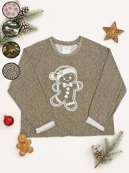 Gingerbread Man White Glitter AOP Edgy Long Sleeve Graphic Shirt
