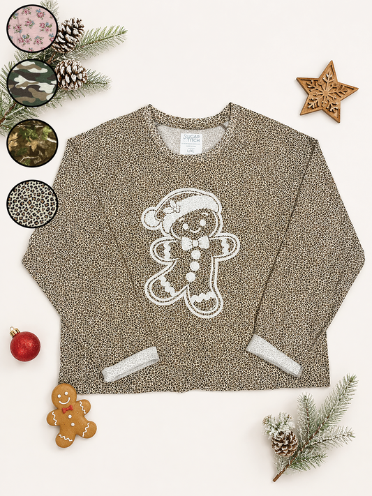 Gingerbread Man White Glitter AOP Edgy Long Sleeve Graphic Shirt