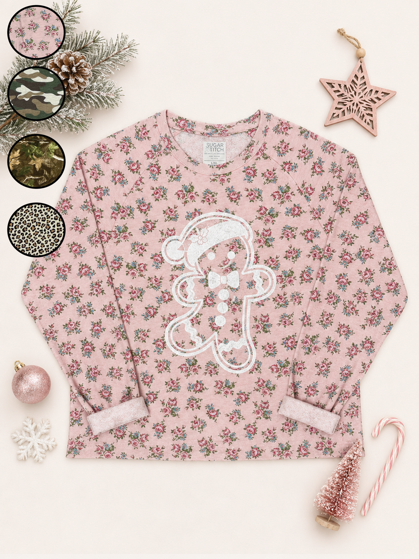 Gingerbread Man White Glitter AOP Edgy Long Sleeve Graphic Shirt