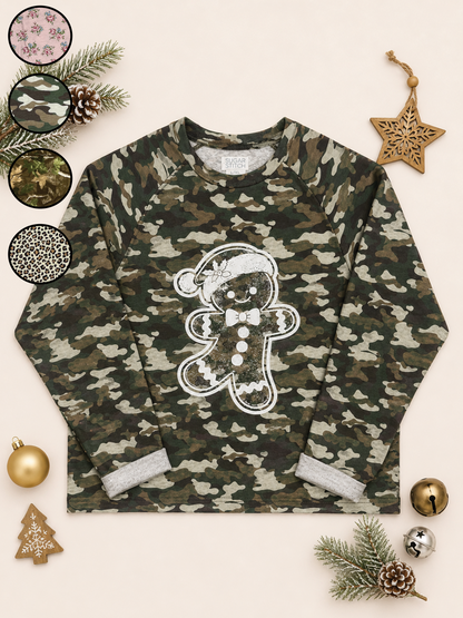Gingerbread Man White Glitter AOP Edgy Long Sleeve Graphic Shirt