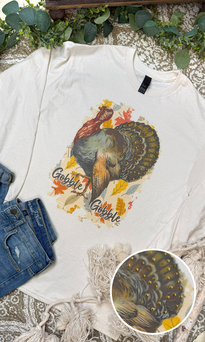 Gobble Gobble Rhinestone Graphic Long Sleeve Shirt
