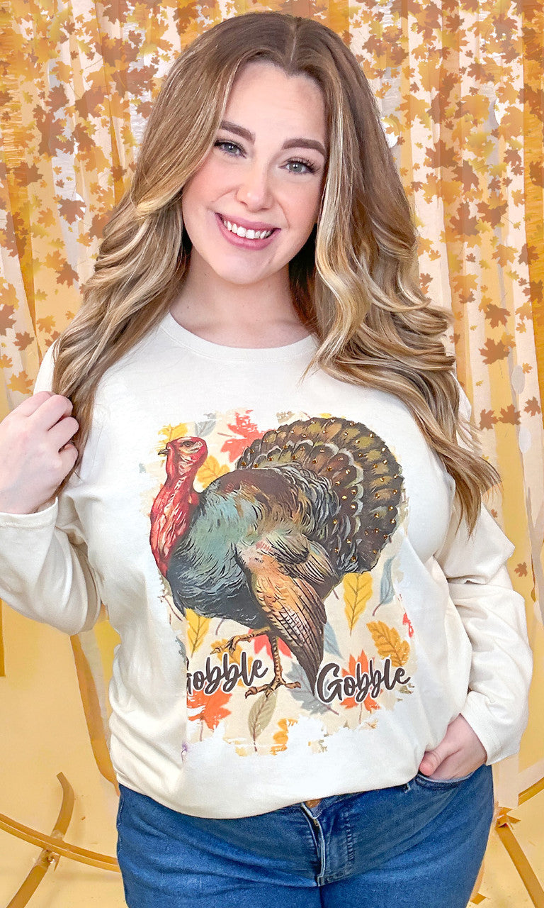 Gobble Gobble Rhinestone Graphic Long Sleeve Shirt
