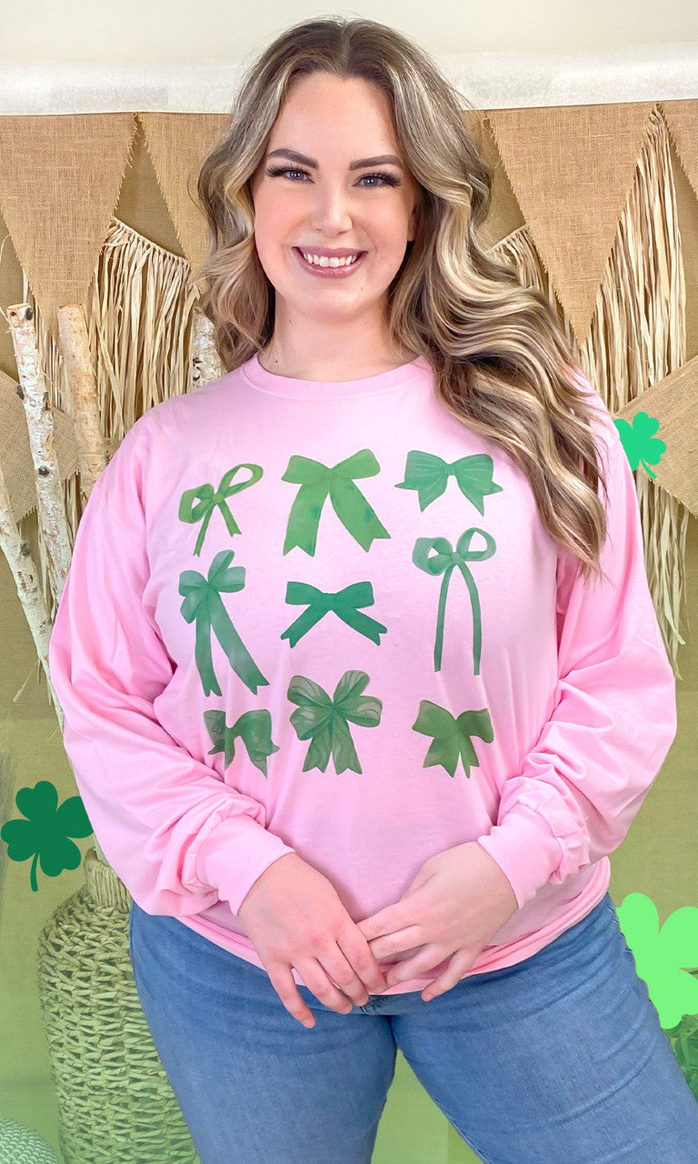 Green Bows St Patricks Day Graphic Long Sleeve T-Shirt