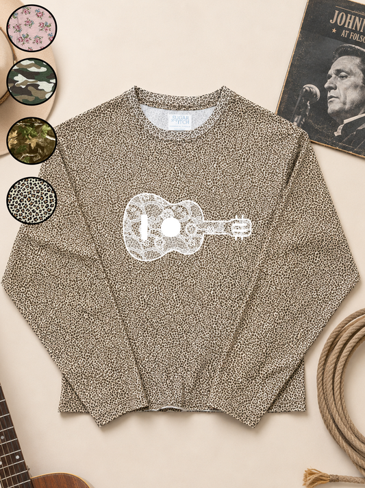 Guitar Lace Graphic AOP Edgy Long Sleeve Graphic Shirt