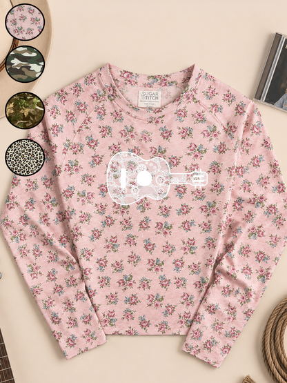 Guitar Lace Graphic AOP Edgy Long Sleeve Graphic Shirt