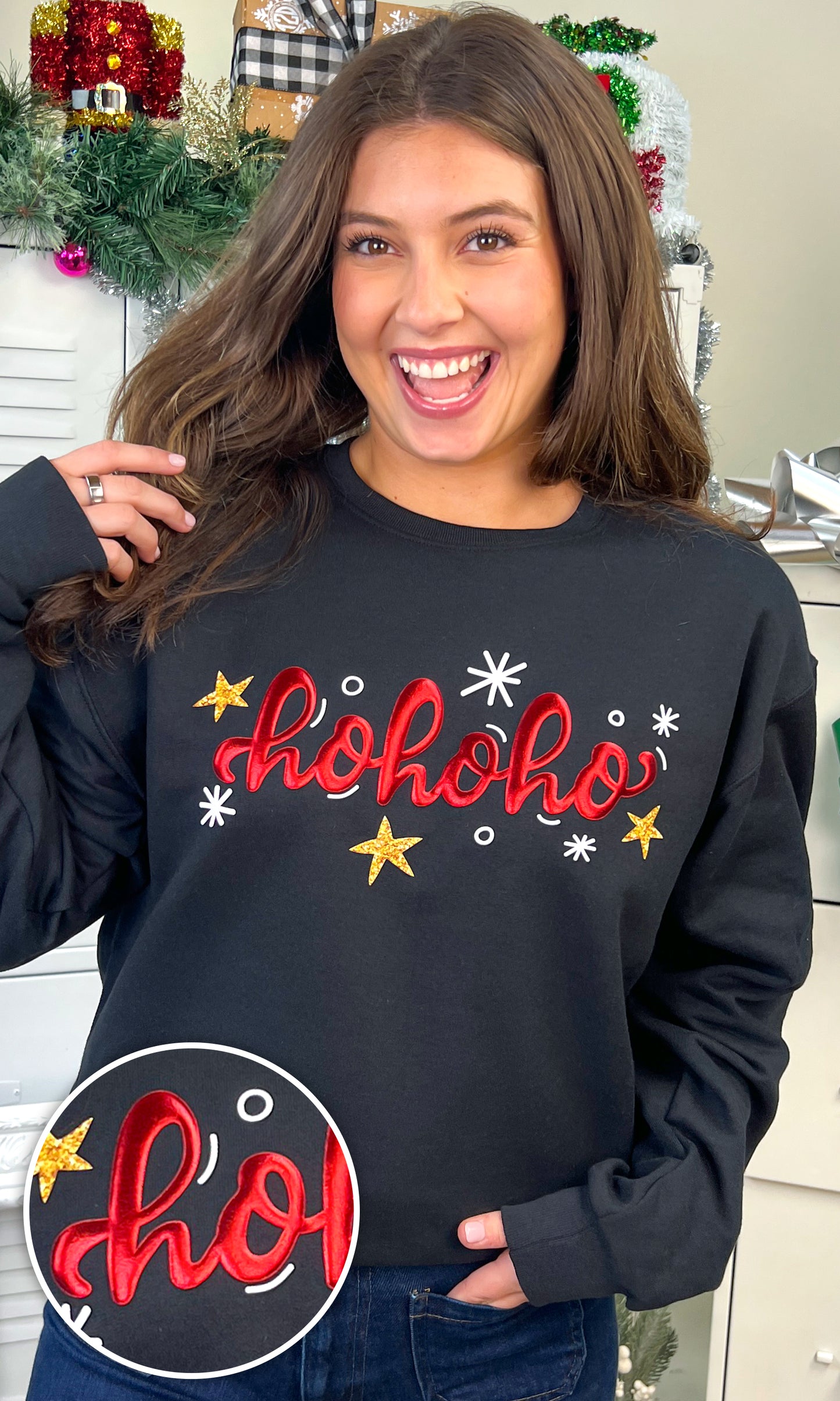 Stylish HoHoHo Metallic Puff Christmas Graphic Sweatshirt perfect for festive celebrations and cozy winter days.