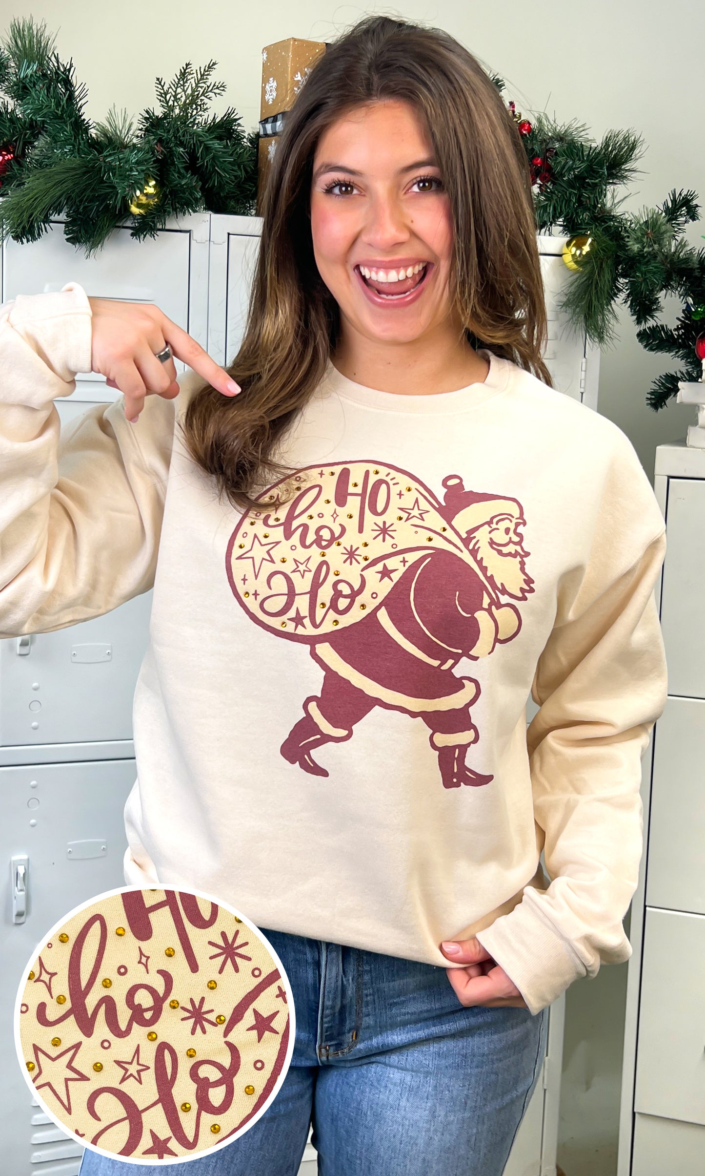 HoHoHo Vintage Santa Rhinestone Graphic Sweatshirt