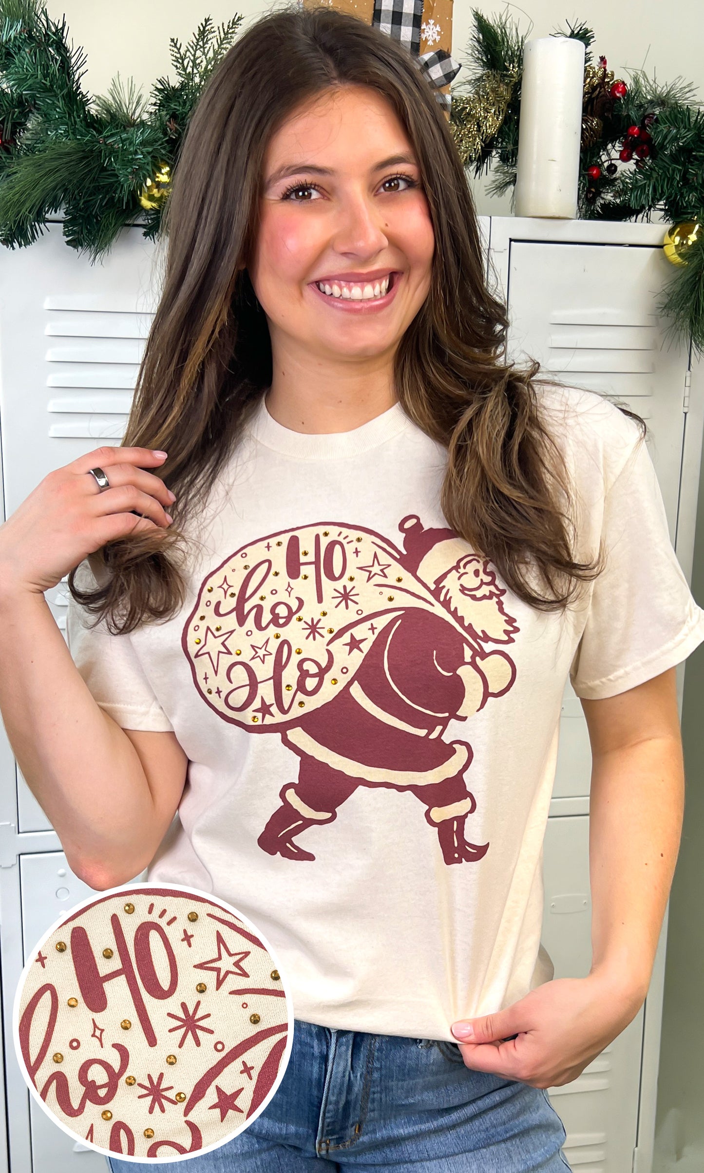 HoHoHo Vintage Santa Rhinestone Graphic Shirt