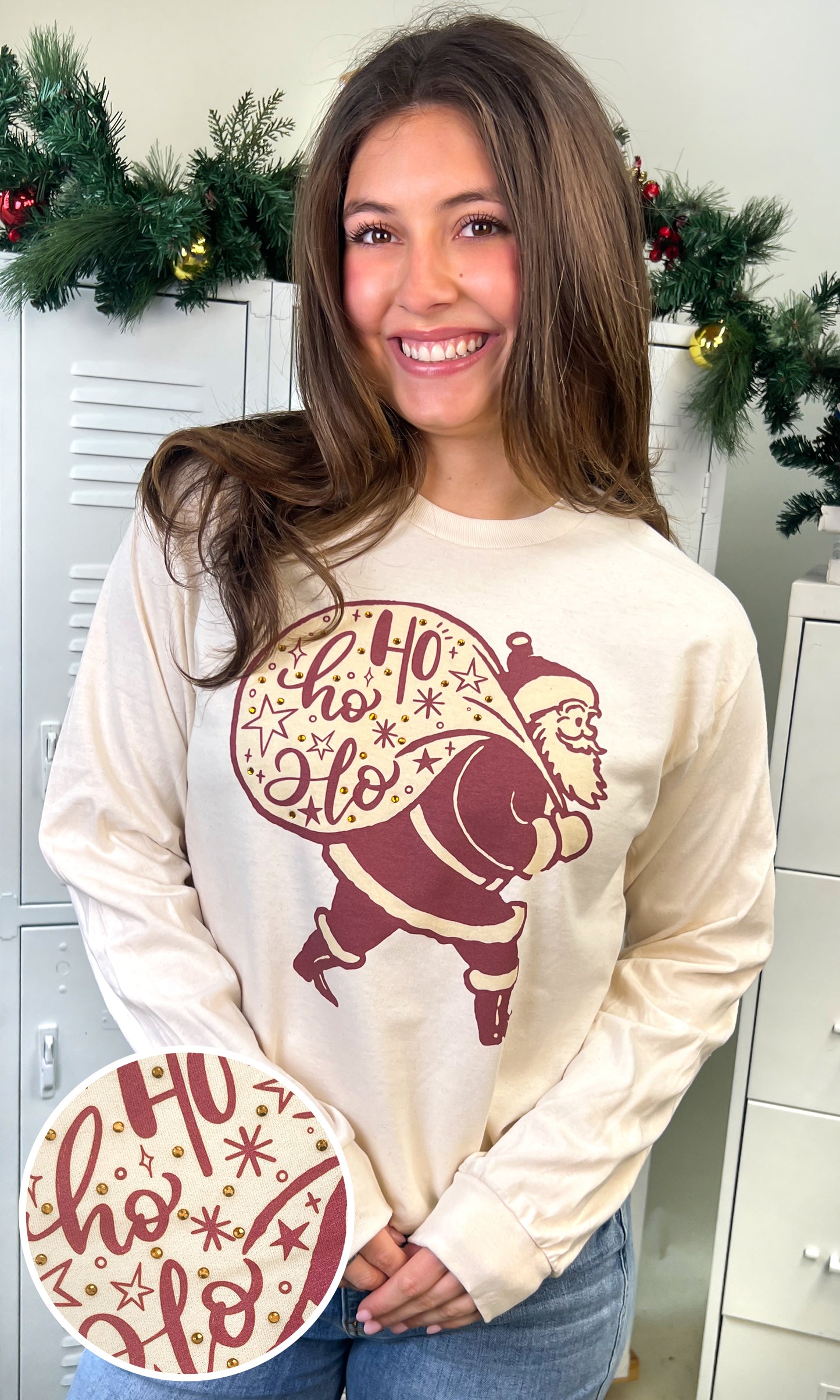 HoHoHo Vintage Santa Rhinestone Long Sleeve Graphic T-Shirt