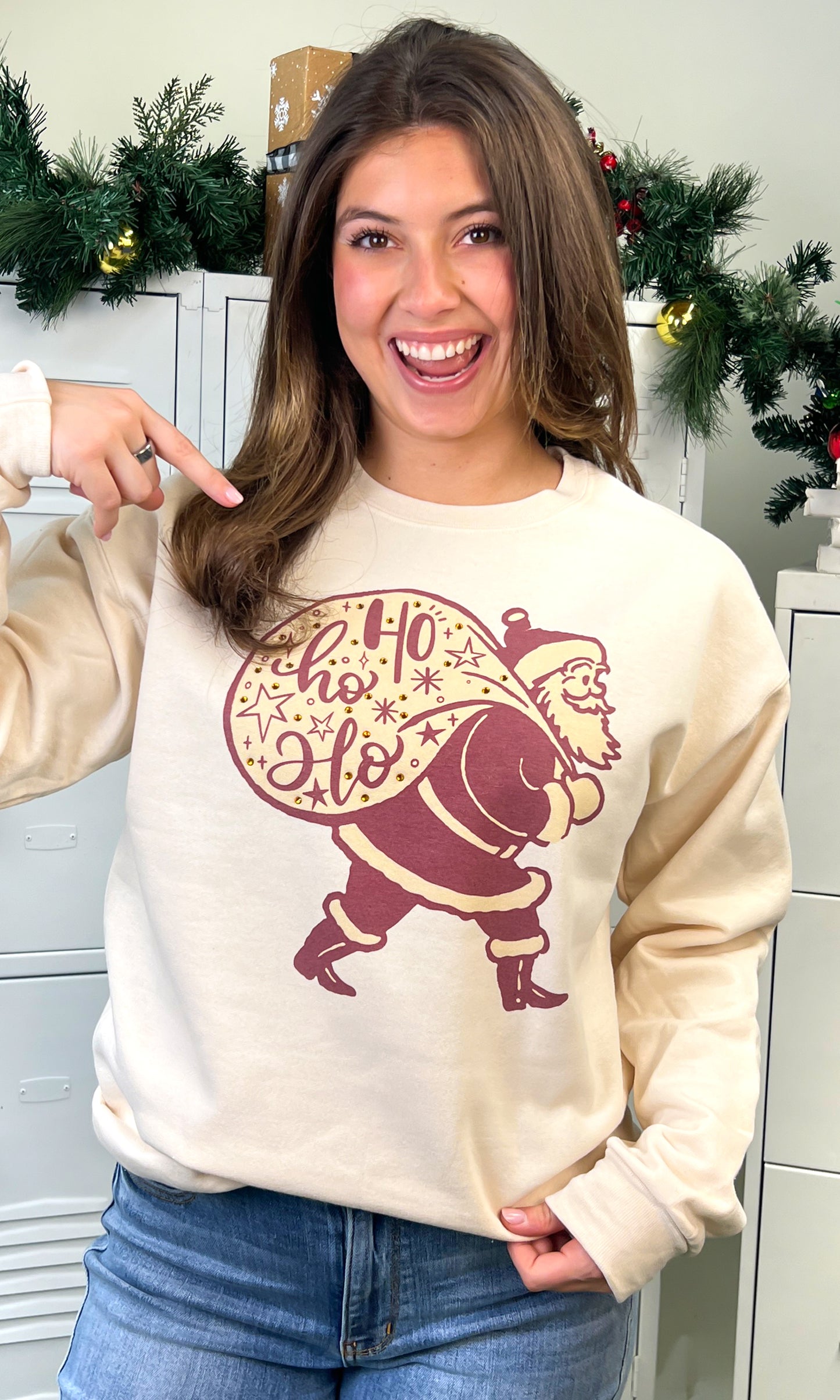 HoHoHo Vintage Santa Rhinestone Graphic Sweatshirt