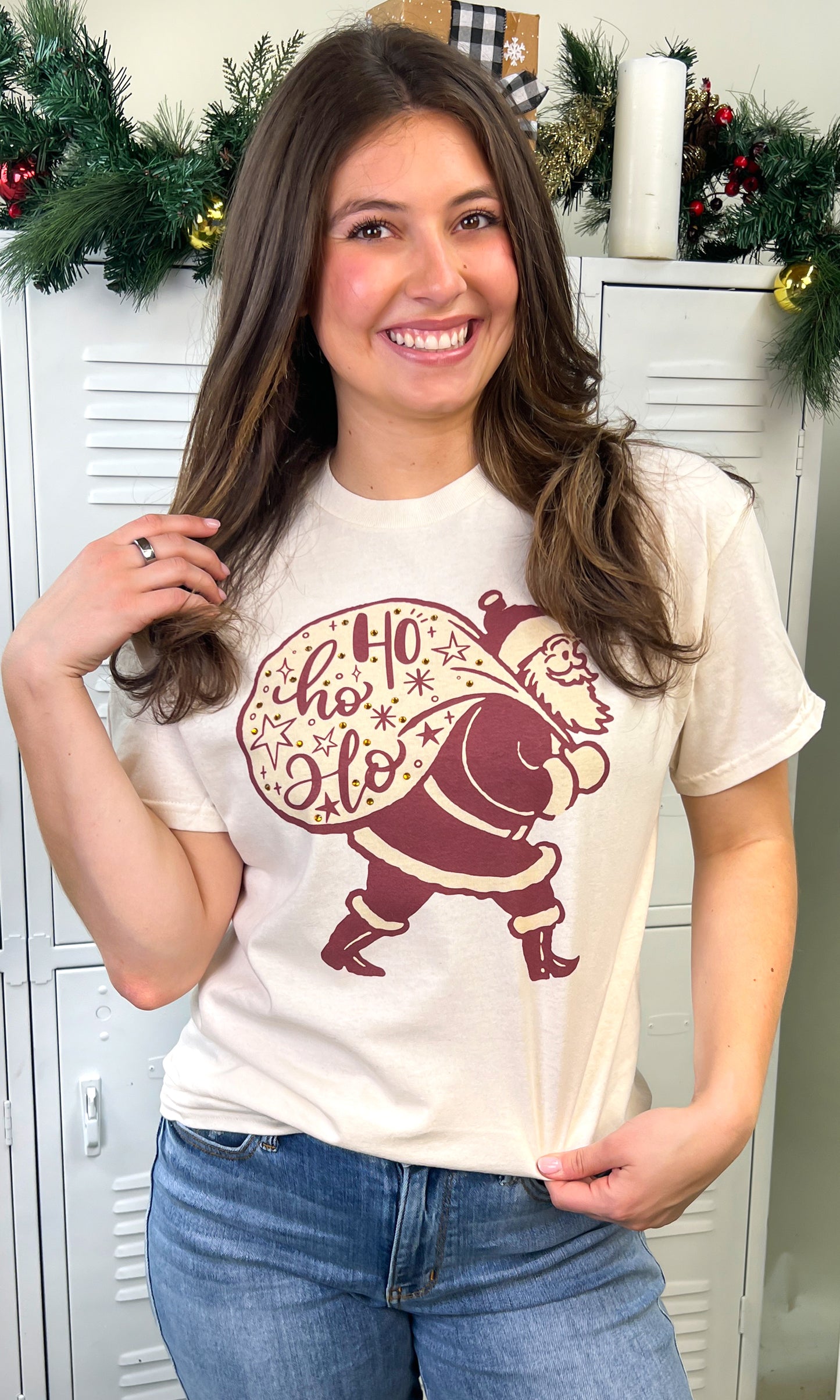 HoHoHo Vintage Santa Rhinestone Graphic Shirt