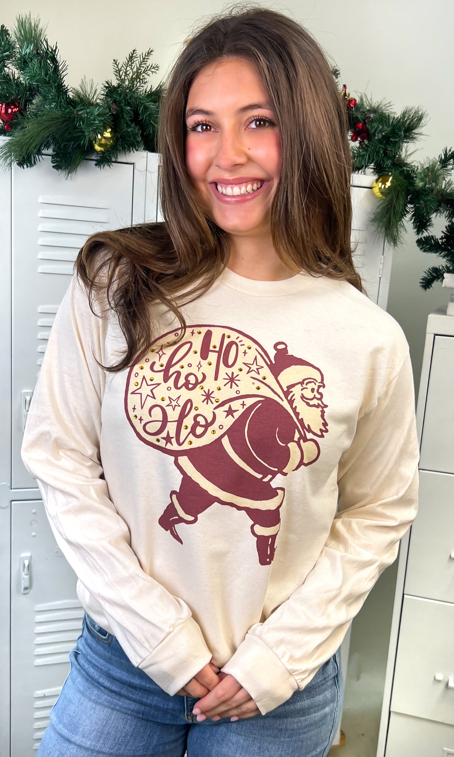 HoHoHo Vintage Santa Rhinestone Long Sleeve Graphic T-Shirt