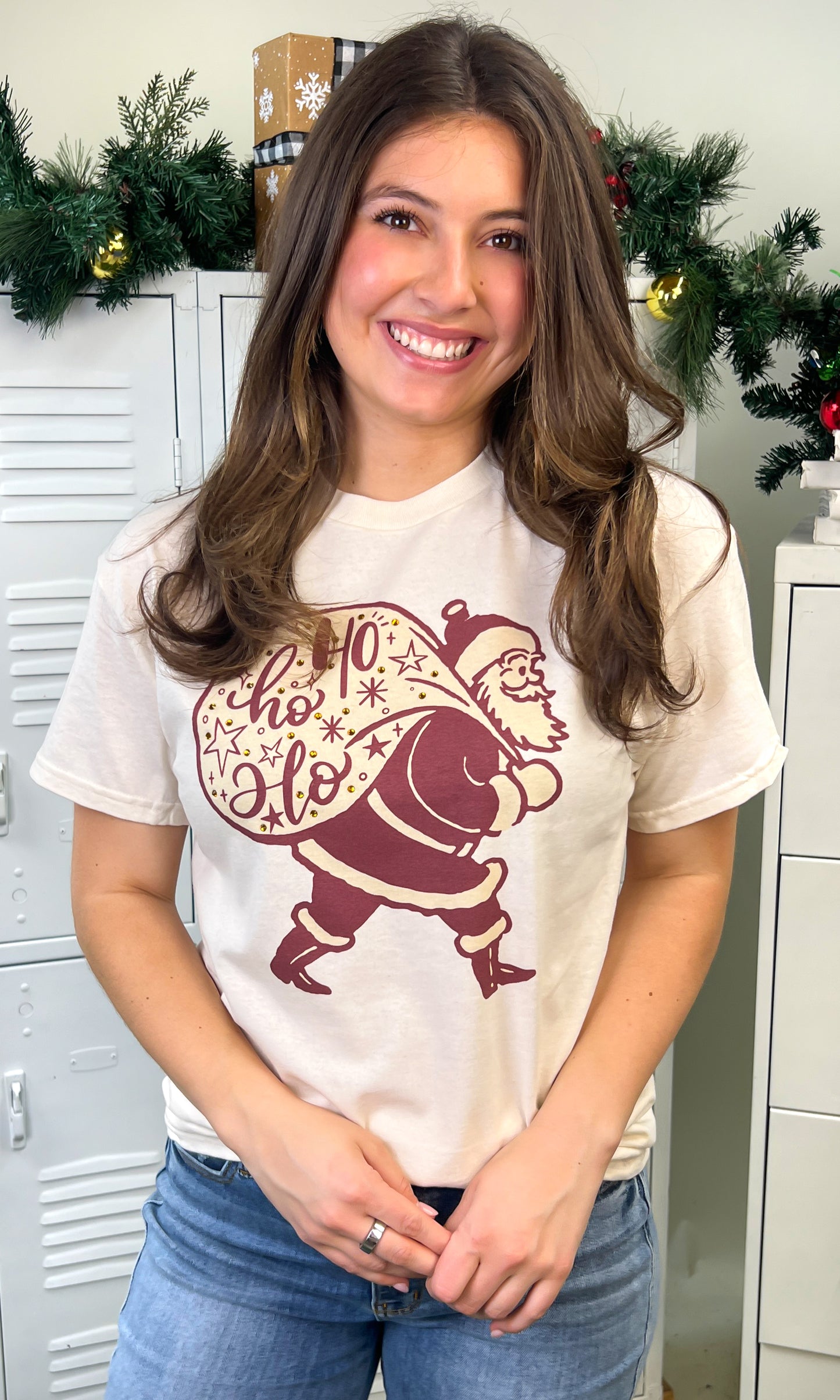 HoHoHo Vintage Santa Rhinestone Graphic Shirt