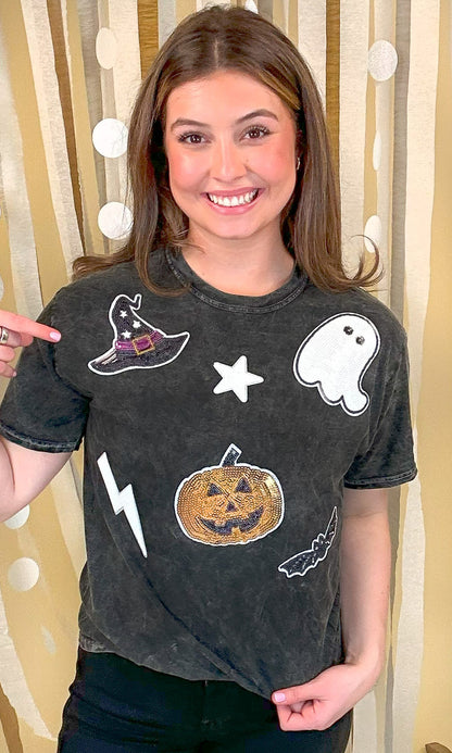 Halloween Things Sequin Mineral Washed T-Shirt