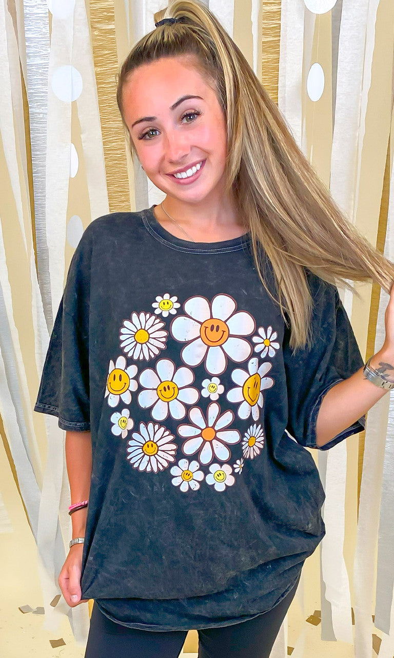Happy Flowers Mineral Washed Graphic Shirt