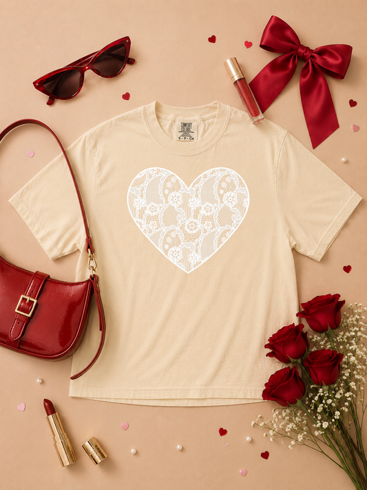 Heart Lace Graphic Comfort Color Graphic Boxy T-Shirt