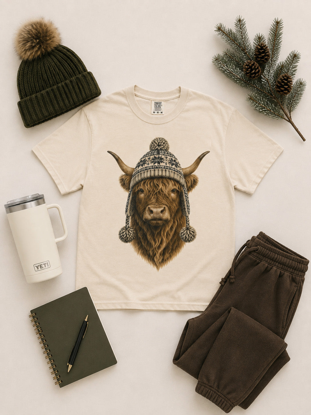 Highland Cow Winter Hat Graphic Comfort Color T-Shirt