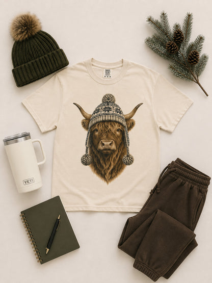 Highland Cow Winter Hat Graphic Comfort Color T-Shirt
