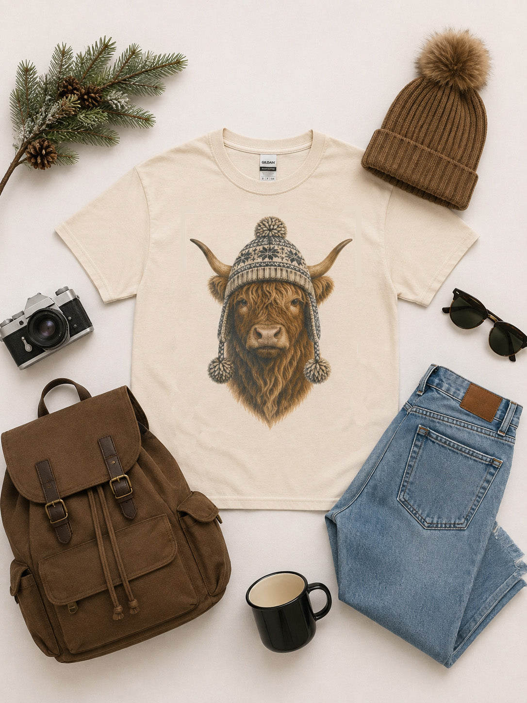 Highland Cow Winter Hat Graphic T-Shirt
