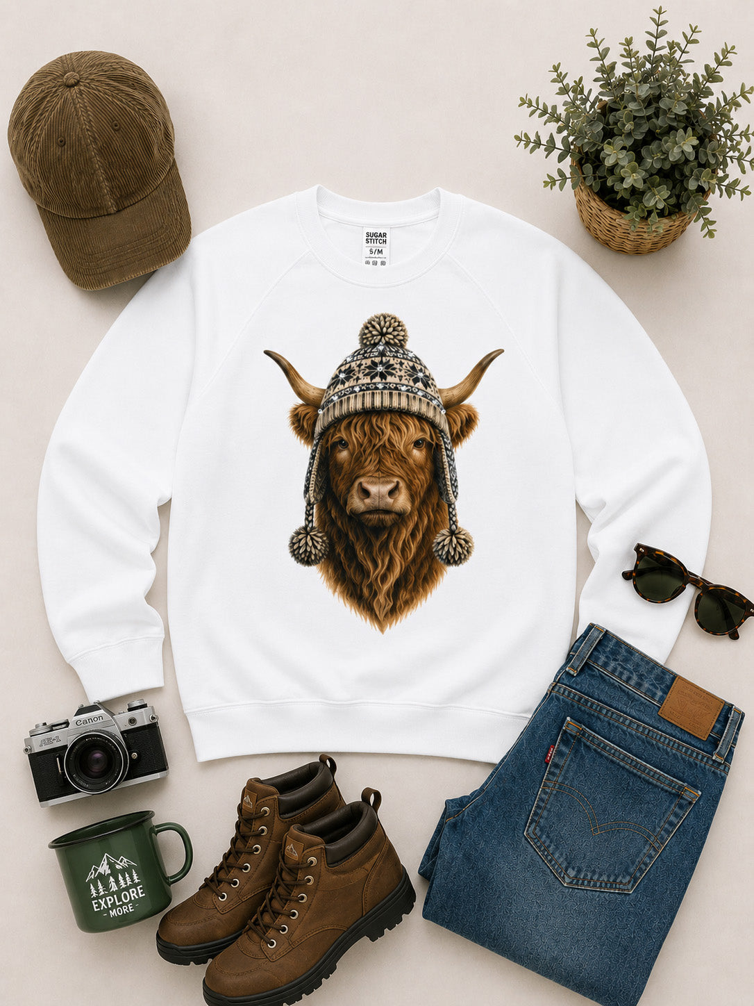 Highland Cow Winter Hat Graphic Long Sleeve Edgy Shirt