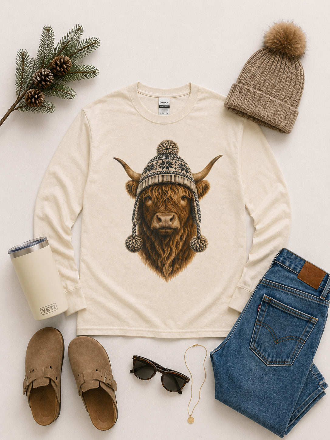 Highland Cow Winter Hat Graphic Long Sleeve T-Shirt