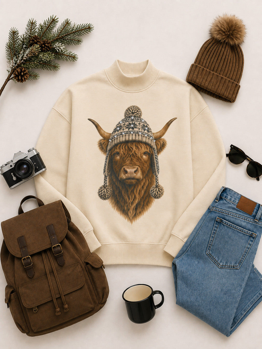 Highland Cow Winter Hat Graphic Mock Neck Sweatshirt