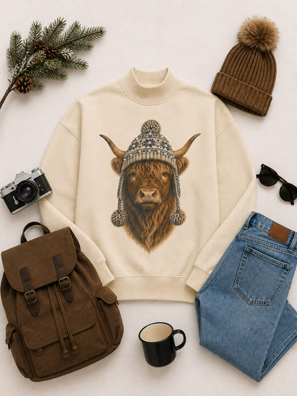 Highland Cow Winter Hat Graphic Mock Neck Sweatshirt