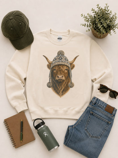 Highland Cow Winter Hat Graphic Sweatshirt