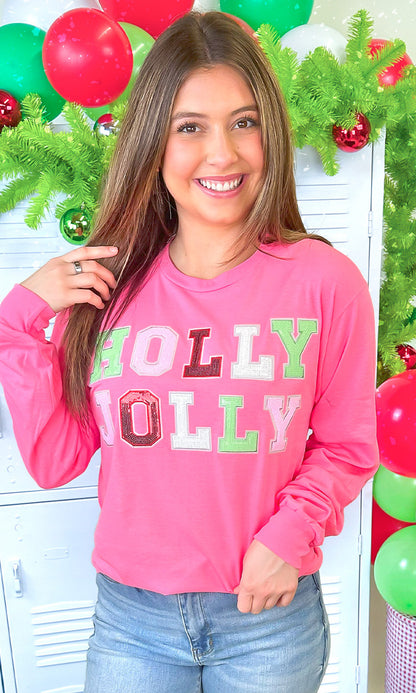 Holly Jolly Sequin Christmas Graphic Long Sleeve T-Shirt